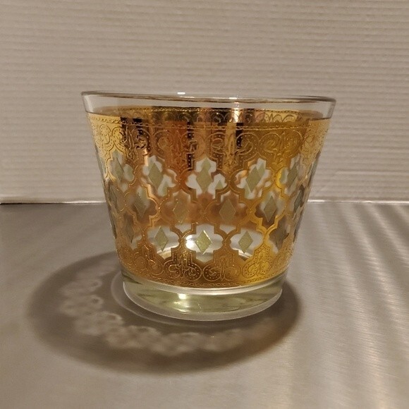 Vintage Culver Valencia 22K Gold Glass Ice Bucket with Green Diamonds MCM - Picture 3 of 11